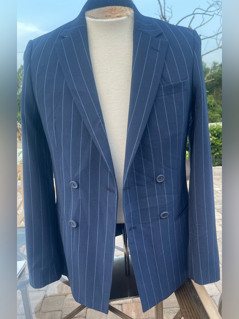 Double-Breasted Navy Pinstripe Blazer